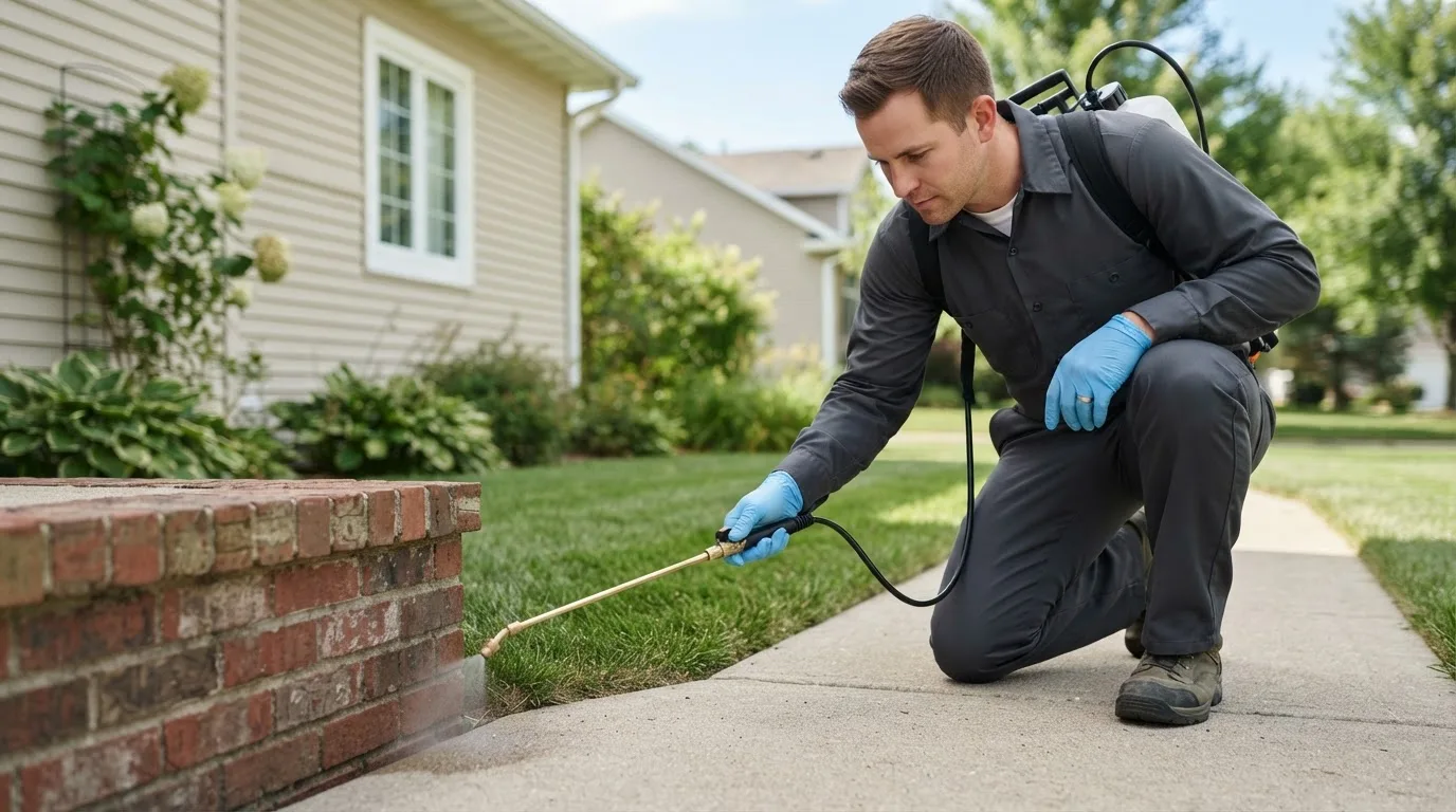 Pest control technician treating a home near South Boston, VA